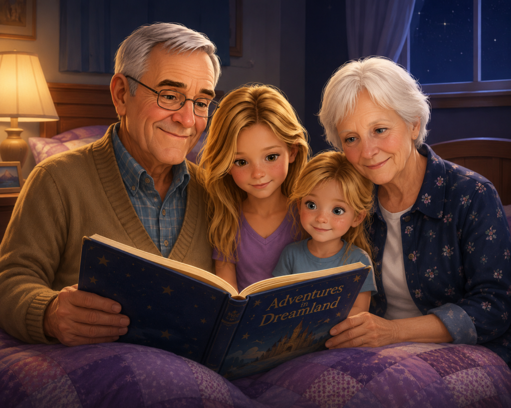 Grandfather reads story to children with Grandmother looking on.